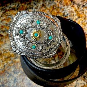 Ladies belt with silver & turquoise buckle